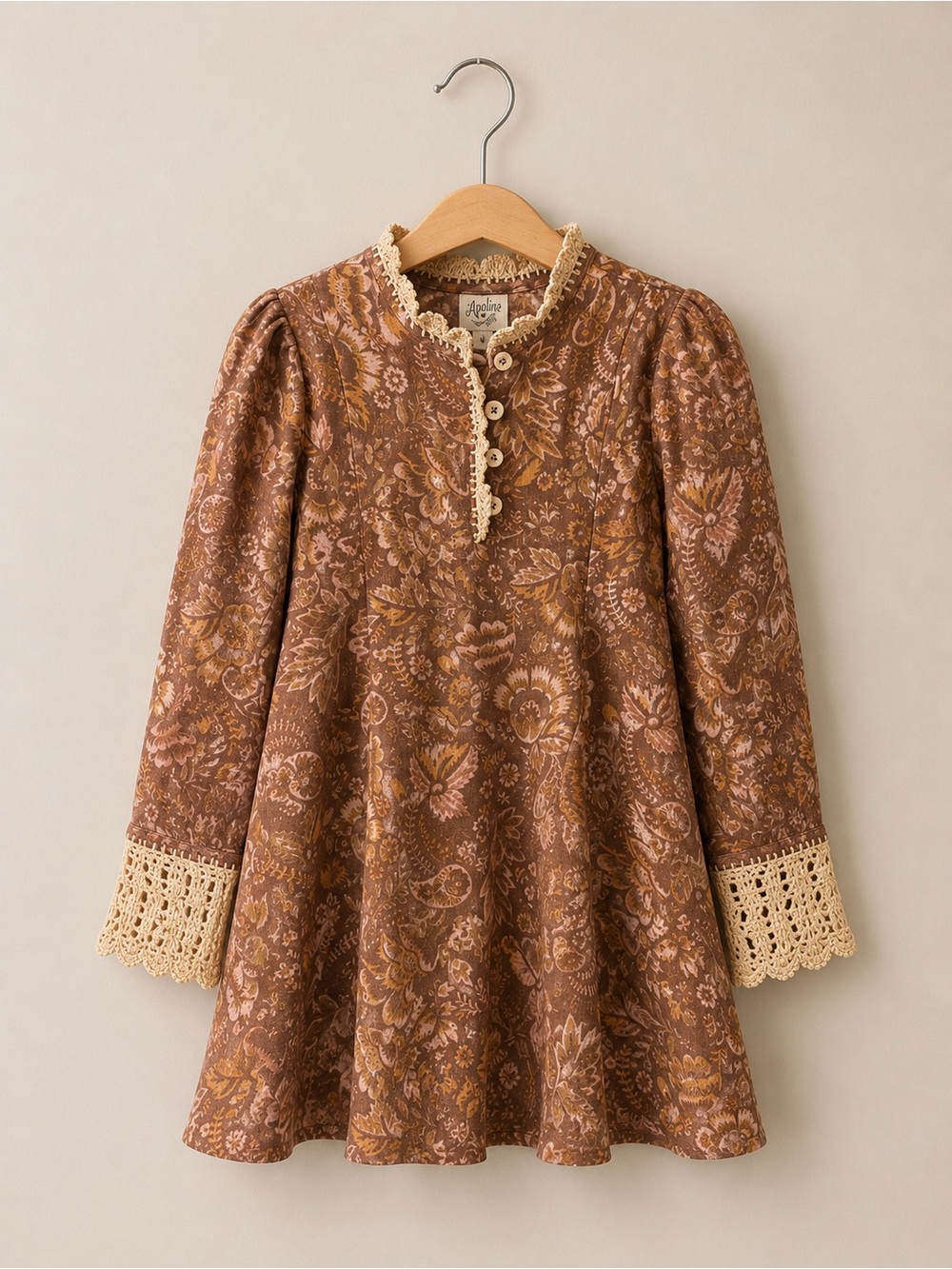 Apolina Gloria Woodland Floral Hazel Linen Dress 3–5Y Brown Retro Crochet